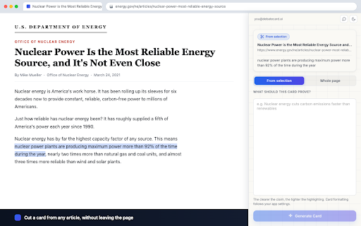 DebateCardAI :: Cut debate evidence cards from any article without leaving the page. Highlight, right-click, done.