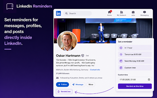 LinkedIn Reminders – Follow Up & Reply Later :: Set reminders for LinkedIn messages, profiles, and posts so you never forget to reply or follow up.