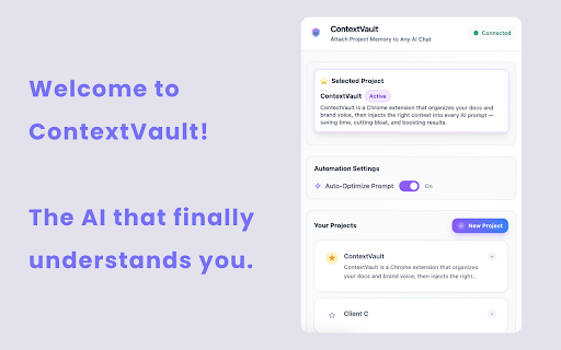 ContextVault :: AI-powered knowledge base that organizes project docs and brand voice to create optimized, contextual AI prompts.