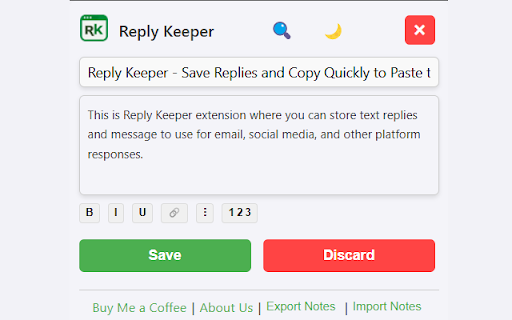 Reply Keeper :: Store your most-used replies, copy them with 1 click, and paste instantly into emails, social media, or anywhere you need.