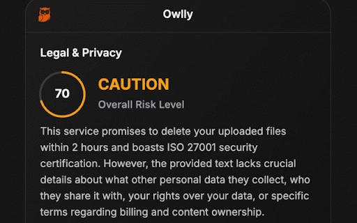 Owlly :: Professional legal-risk scanner for Terms and Privacy pages with plain-English AI summaries.