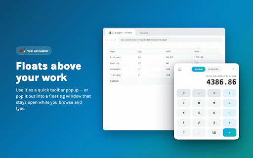 Virtual Calculator :: Virtual calculator for Chrome — popup or floating window, normal and scientific modes, history tape and full keyboard input.