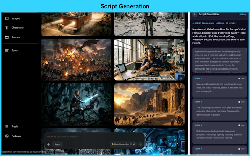Flow Studio - Bulk images, Storyboards and Video Scenes :: Generate AI images, video scripts, storyboards, and video scenes for Google Flow directly in your browser.