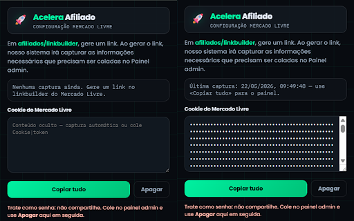 Acelera Afiliado - Configuração Mercado Livre :: Captura os dados de sessão ao gerar link no linkbuilder de afiliados, para colar no painel admin.