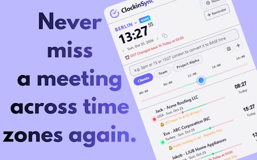 ClockinSync – Timezone Converter & World Clock :: World clock & timezone converter with DST alerts, public holiday warnings & reminders. Auto-detects times on any webpage.
