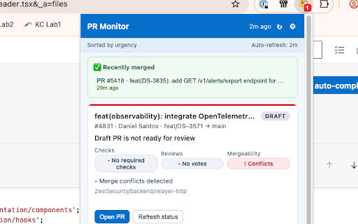 Azure DevOps PR Monitor :: Monitor Azure DevOps pull requests — get notified on pipeline failures, new pushes, and reviewer actions.