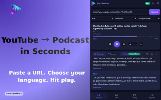 Vid2Podcast: YouTube Dubbing & Video Translator :: YouTube dubbing, transcript & translator. Convert YouTube to text, dub videos live, AI summary, subtitle translation & Neural2 TTS.