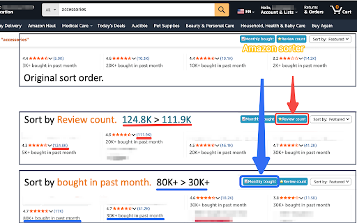 Amazon Sort by Review Count & Monthly bought :: Sort by Review count or bought in past month in product search page. Multiple amazon sites supported.