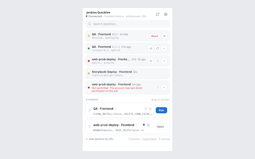 Jenkins Quickfire :: Trigger Jenkins pipelines with saved parameters and watch their status.