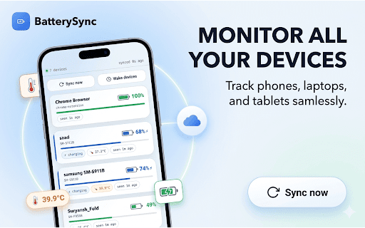 BatterySync :: Monitor battery stats across all your devices in real time, get smart alerts, and trigger remote actions from Chrome.