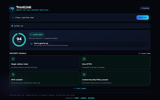 TrustLink :: Verify the link. Protect the click. A passive, privacy-first risk assistant that scores any site 0-100 and explains exactly why.