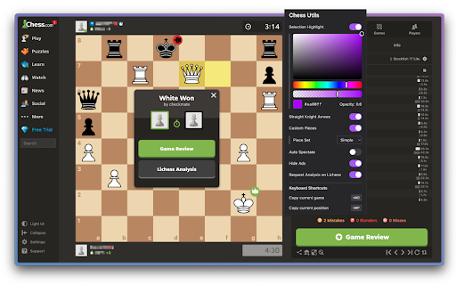 Chess Utils :: Chess.com utilities like a lichess game review button, shortcuts to copy the game or position and highlighting the selected piece