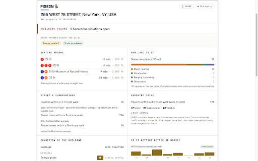 Pigeon: NYC Apartment Data on Every Listing :: Sunlight, noise, transit, pests, safety, energy bills and who really owns it — everything the listing leaves out.