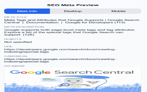 SEO Meta Preview :: View meta title, description, and Google SERP preview (Desktop & Mobile).