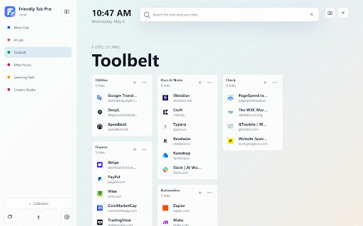 Friendly Tab Pro :: A fast, private and customizable new tab page with collections, link lists, Chrome default search and session tools.