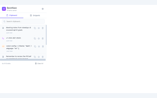 QuickSave - Clipboard Manager & Text Snippets :: Smart clipboard history manager and text snippet expander. Save, search, and reuse your copied text instantly.