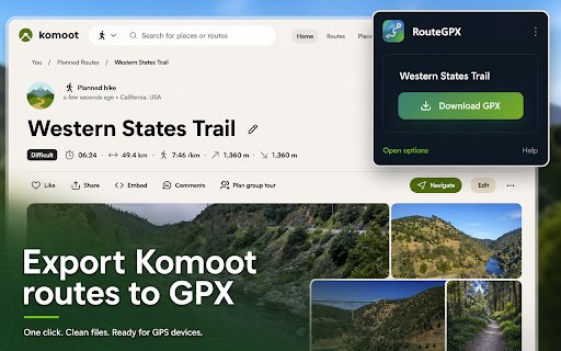 RouteGPX for Komoot :: Export Komoot tours and collections to GPX or ZIP for Garmin, Wahoo, Strava and GPS devices. Private, fast, one click.