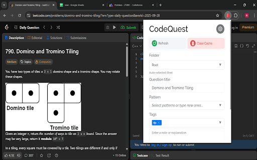 CodeQuest: Save & Track Coding Problems — LeetCode, Codeforces & More :: One-click save for coding problems → auto-fill title, URL, difficulty & tags into your Google Sheet.