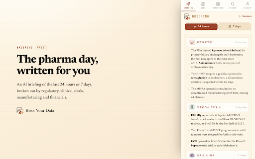 Boss Your Data :: Pharmaceutical market intelligence — news insights, company & substance dashboards, and AI search.