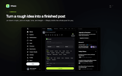 XReply :: AI for X: write replies, remixes, and quote-tweets in seconds. Drafts, your choice of tone — you always review and send.