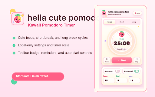 hella cute pomodora :: A hella cute kawaii Pomodoro timer with focus cycles, break reminders, notifications, and auto-start controls.