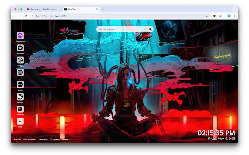 Cyberpunk 2077 Phantom Liberty Live Wallpaper :: Turn your new tab into a futuristic chrome wallpaper with Cyberpunk 2077 Phantom Liberty Live Wallpaper.