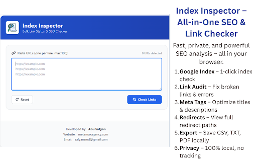 Index Inspector – Bulk Link Status & SEO Checker :: Check multiple URLs for status, indexing, and SEO information