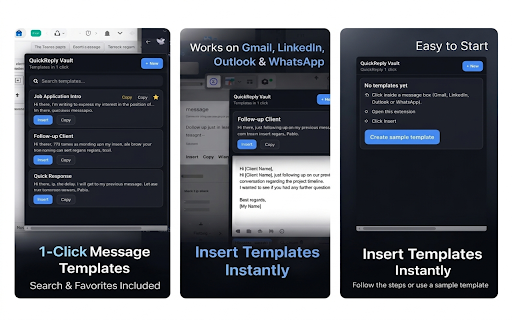 QuickReply Vault :: Insert reusable message templates instantly on Gmail, LinkedIn, WhatsApp and Outlook. Save time with 1-click replies.