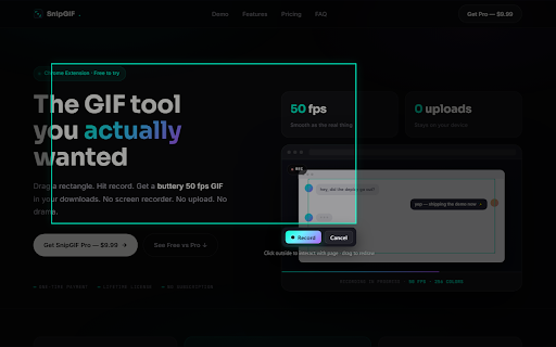 SnipGIF :: Snip a region of the current tab and record it as an animated GIF. Drag a rectangle, hit Record, then Stop.