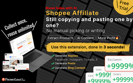 PromoLeaz for Shopee - Shopee Affiliate AI Tools :: 1-click extract Shopee product, AI generates unlimited social promotion replies (Facebook, Threads, X, Instagram).