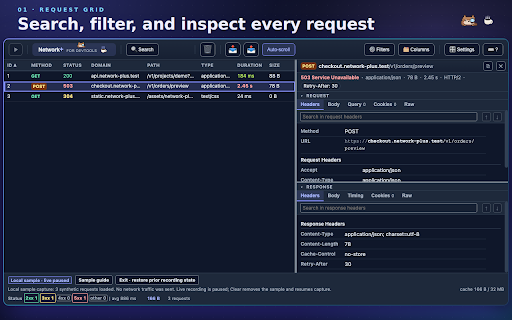 Network+ for DevTools :: Network analysis with sanitized HAR, retention limits, integrated search, accessible UI, and keyboard controls.