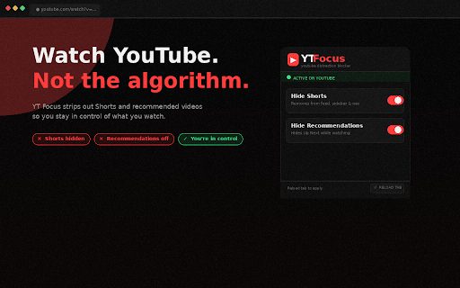 YT Focus — Clean YouTube :: Remove Shorts and recommended videos from YouTube. Stay focused.