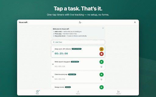 Hourcraft — Time Tracker, Pomodoro® & Reports :: Free time tracker in Chrome's side panel — one-tap timers, live badge, weekly reports & Pomodoro. Syncs with hourcraft.app.