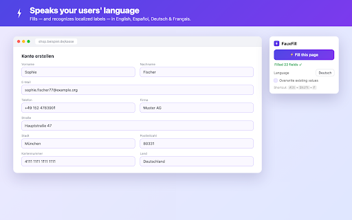 FauxFill – Test Data Form Filler :: Fill any web form with realistic fake test data in one click — 8 languages (EN/ES/DE/FR/IT/PT/NL/JA). For developers & QA.