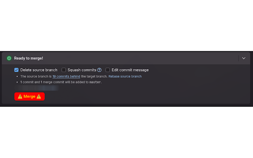 Code Red - GitLab Merge Warning :: Styles GitLab merge buttons with red background, yellow text, and warning emojis to prevent accidental merges