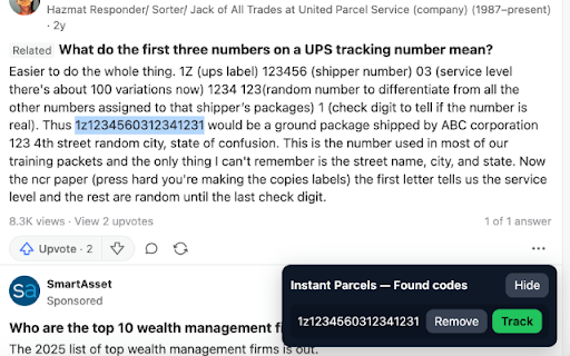 Instant Parcels Tracker Helper :: Detects tracking-like alphanumeric codes on pages and offers to track them on instantparcels.com
