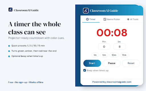 Classroom Toolkit — Timer & Name Picker :: Free classroom timer and random name picker for teachers. Quick links to AI lesson plans, worksheets & report cards.