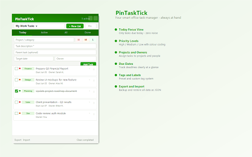 PinTaskTick :: Task manager: multiple lists, priorities, tags, sub-tasks, sticky note, Today view & real-time sync.
