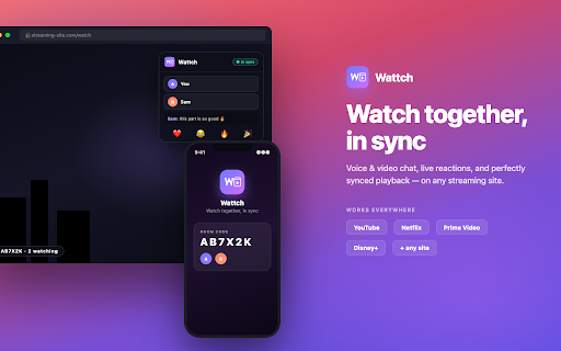 Wattch — Watch Together, In Sync :: Wattch lets you watch videos in perfect sync with friends. Voice & video call, text chat, and real-time sync on any streaming site.