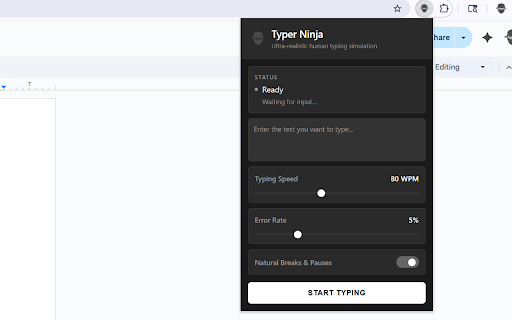 Typer Ninja :: Ultra-realistic paced typing for drafting and accessibility workflows.