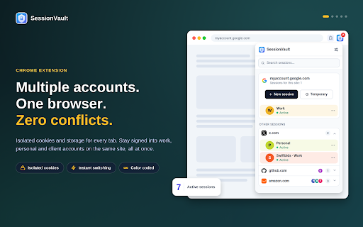 SessionVault - Multi-Session & Tab Manager :: Log into the same website with multiple accounts in different tabs. Per-tab session isolation, fully local, no account required.