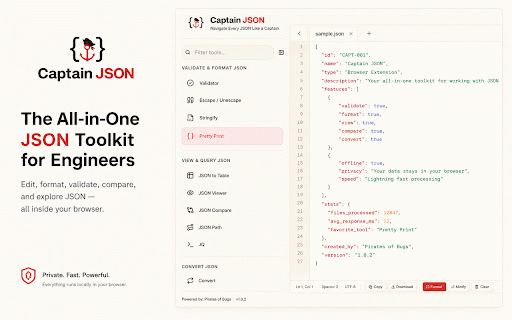 Captain JSON :: Navigate Every JSON Like a Captain — compare, format, validate, query and transform JSON with a full SaaS-grade toolkit.