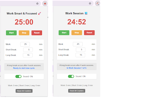 Pomodoro Timer :: Persistent Pomodoro timer with badge countdown and sound alerts.