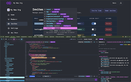 JSX Tool :: Developer tools for modern React. Use LLMs to generate CSS, test styles, and write updates to files using your live browser context.