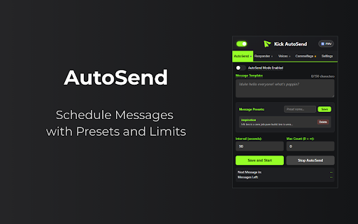 Kick AutoSend :: Advanced Kick chat automation with voice rotation, message repeater, and smart reply features for streamers, moderators and viewers