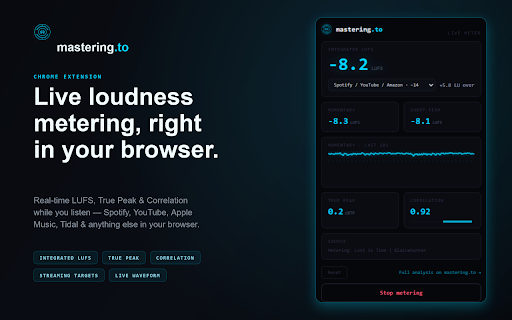 Live LUFS by mastering.to :: Live LUFS loudness and true-peak metering for any audio playing in your browser. By mastering.to.