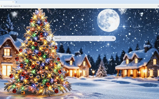 Christmas Background Live Wallpaper :: Sparkling Christmas tree with colorful lights in snowy village under full moon and falling snow.