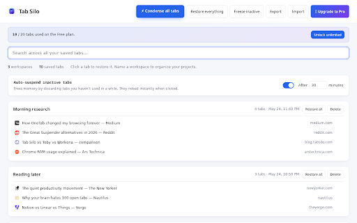 Tab Silo — Tab Manager & Suspender :: Condense all tabs into a searchable list, group them into workspaces, freeze inactive tabs to save RAM.