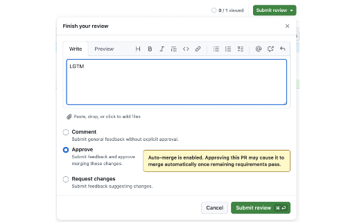 Mindful Merge :: Warns reviewers before approving a GitHub pull request with auto-merge enabled.