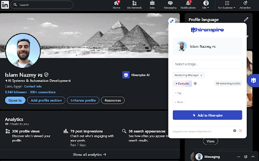 Hirempire Headhunter :: Evaluate prospects with AI and add them to your Hirempire pipeline in seconds.